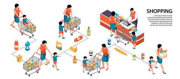 Изометрическая инфографика с мамой, делающей покупки с ребенком в супермаркете 3d векторная иллюстрация