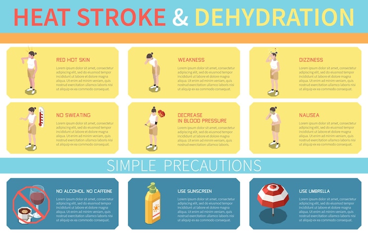 Free Vector isometric infographics with symptoms of heat stroke dehydration and precautions editable text on color background 3d vector illustration