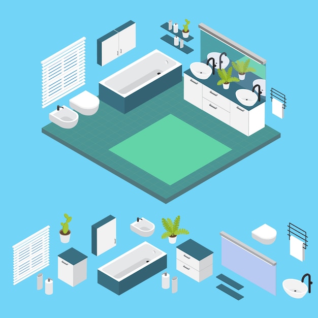 Free vector isometric interior bathroom layout with isolated colored elements set and combined composition