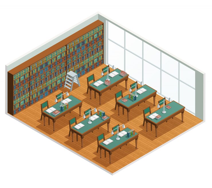 Free Vector isometric interior for bookstore and library reading hall with bookcases and tables with opened book