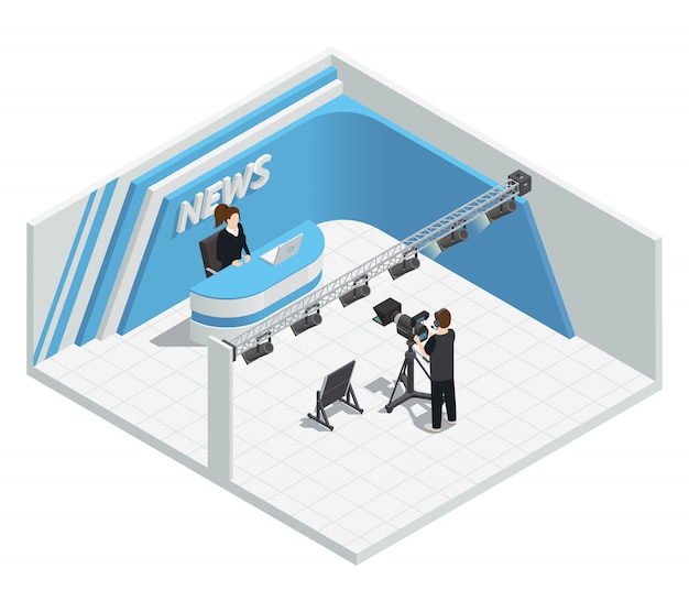 Isometric interior composition with video tv live news broadcast studio lighting kit camera host cam