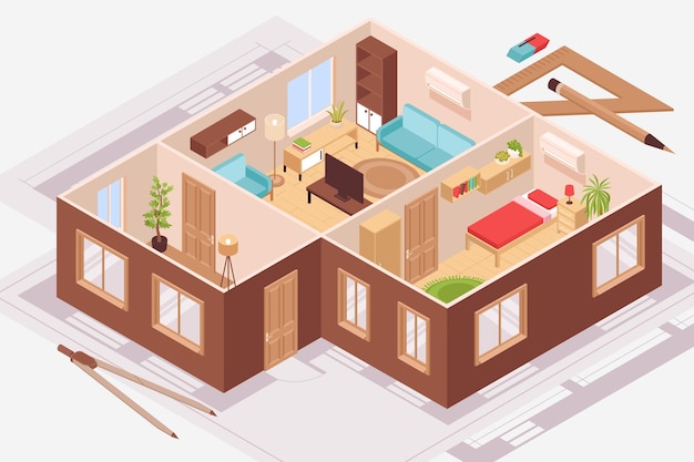 Isometric interior design project with flat room plan vector illustration