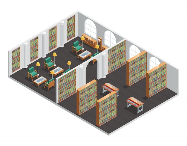 Interno isometrico per libreria vuota e sale biblioteca con librerie e poltrone vector illus