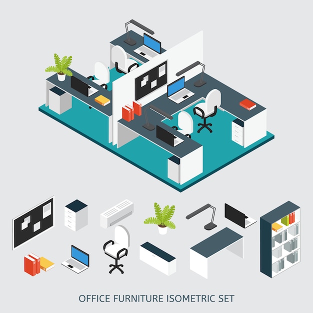 Isometric interior office workplace colored composition with renovated office