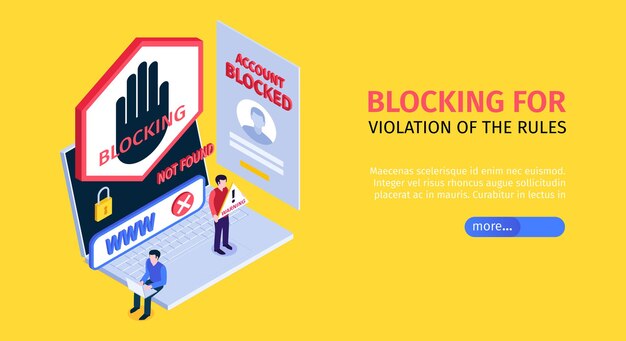 Isometric internet blocking banner with blocking for violation of the rules landing page