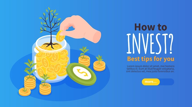 Free vector isometric investment horizontal banner with human hand putting coins in glass can editable text and button vector illustration