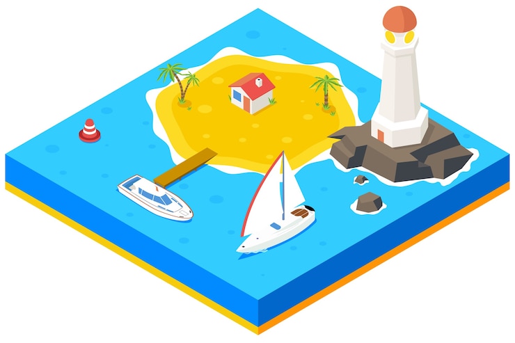 Free Vector isometric island with ship, yacht and sea.  3d background concept. beach paradise, palm and pier, housing and lighthouse,  