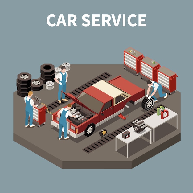 Isometric and isolated car service composition with two workers and car repair  illustration