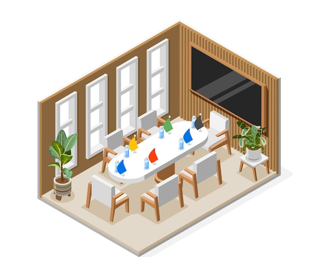 Free vector isometric isolated diplomacy and diplomat composition long white conference table in a large office vector illustration