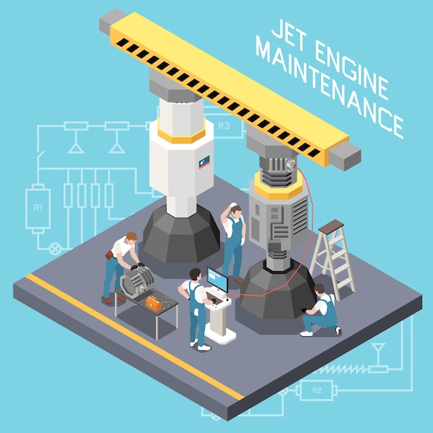 Free vector isometric and isolated industrial maintenance engineer technician concept with jet engine maintenance description vector illustration