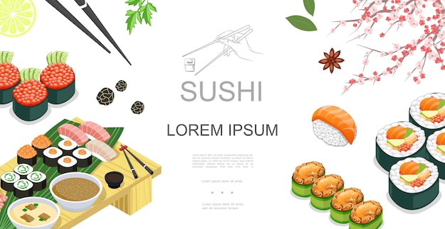 Isometric japanese food colorful template with sushi sashimi rolls sauces spices lime slice chopsticks sakura branch  illustration