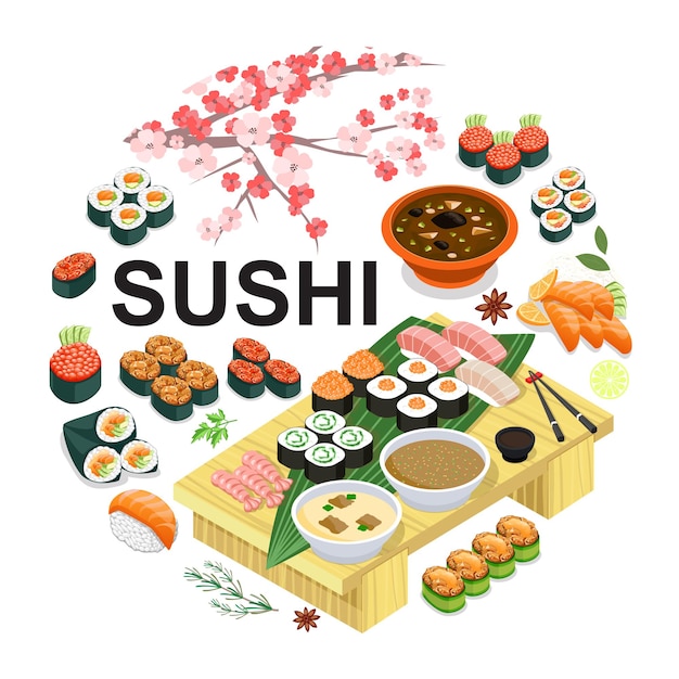 Isometric japanese food round concept with sushi sashimi wasabi soup soy sauce chopsticks sakura cherry branch  illustration