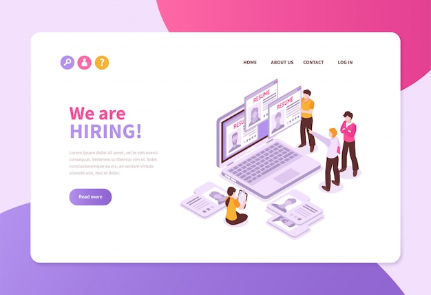 Isometric job search recruitment concept banner website page with laptop application sheets and people with text 