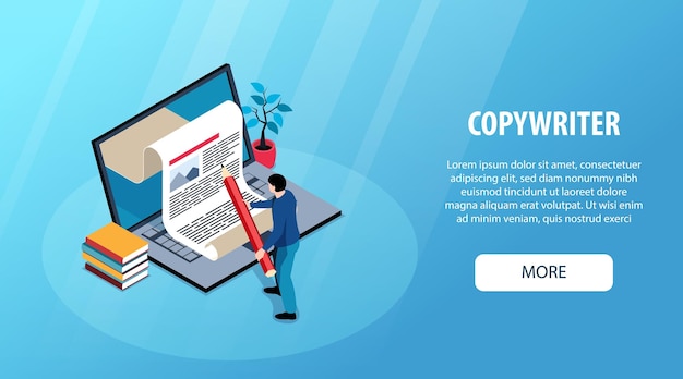 Free vector isometric journalist horizontal banner with copywriter and piece of paper getting out from notebook vector illustration
