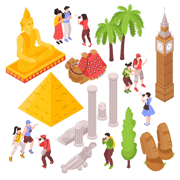 Free vector isometric journey travel attractions set with isolated images of tourists and famous sightseeing places of interest