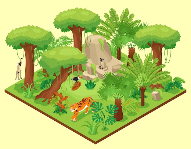 Isometric jungle composition with square platform with wild nature landscape tropical trees plants and exotic animals