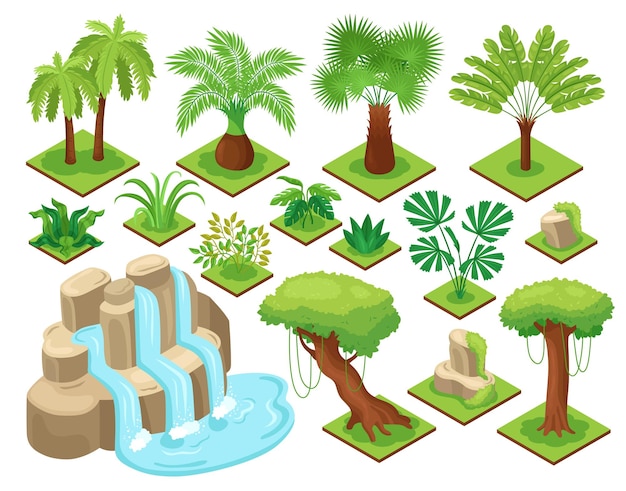 Free vector isometric jungle set with isolated elements of jungle terrain with trees and plants on blank background vector illustration