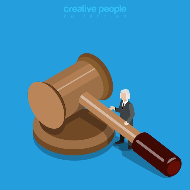 Free vector isometric justice business concept. micro man judge in periwig with huge hammer