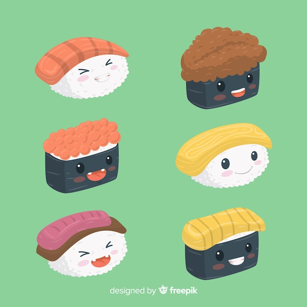 Vettore gratuito pacchetto di pezzi di sushi kawaii isometrico