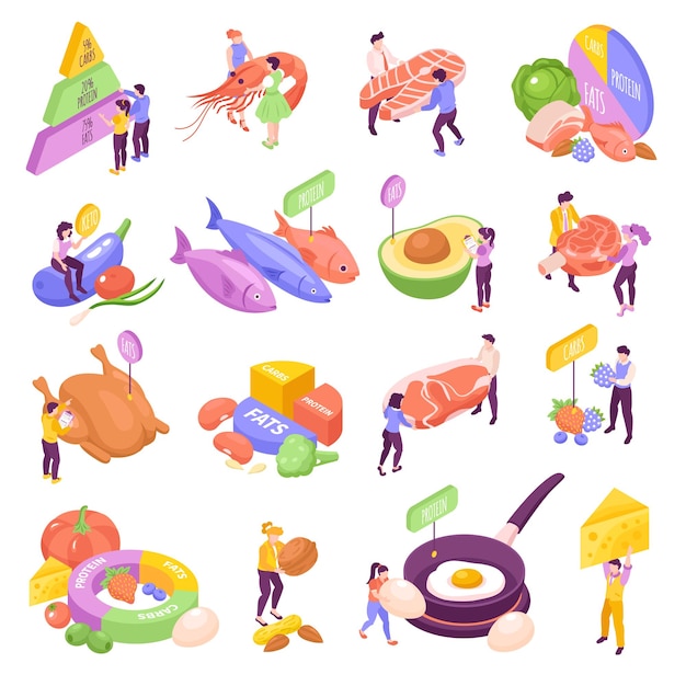 Free vector isometric keto diet icons set with high fats nutrition isolated vector illustration