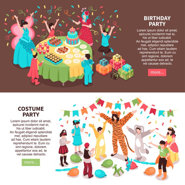 Isometric kids animator horizontal banners set with children characters and entertainers in festive costumes with text 