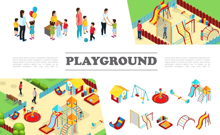 Free Vector isometric kids playground elements collection with slides swings playhouse seesaw ladders sandbox colorful bars parents with children