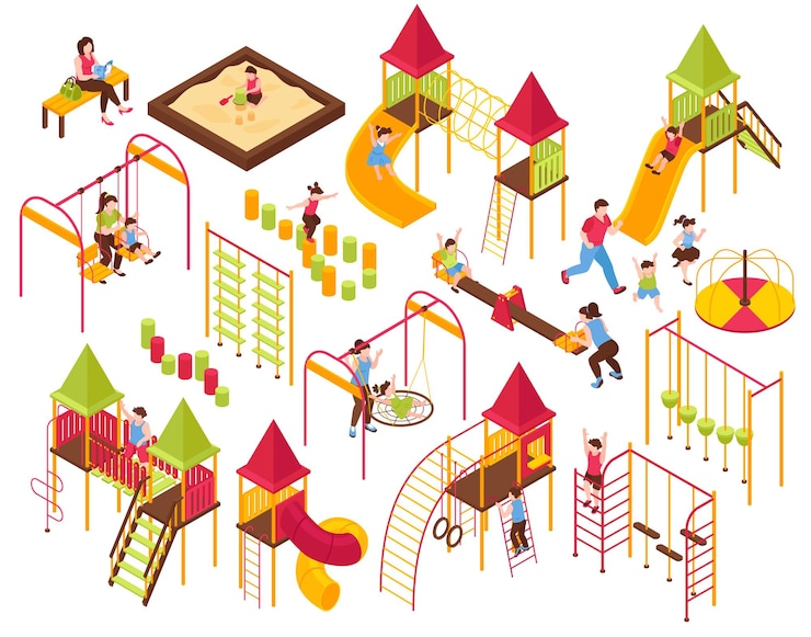 Free Vector isometric kids playground parents kids set with isolated images of seesaws ladders carousels on blank background vector illustration