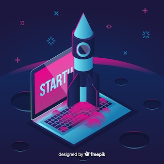 Isometric landing page with a rocket