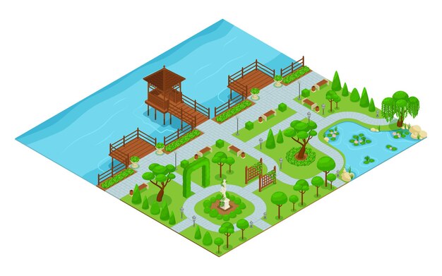 Isometric landscape design park composition park with walking paths by the waterfront with a gazebo