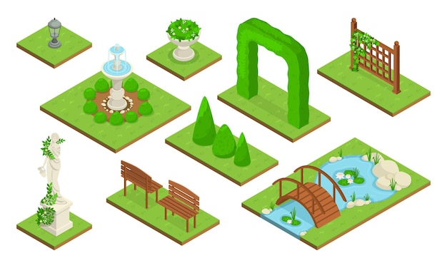 L'icona isometrica del parco di progettazione del paesaggio ha messo con un arco di verde sul prato una bella statua panchine un piccolo stagno e una fontana del ponte sull'illustrazione di vettore del prato