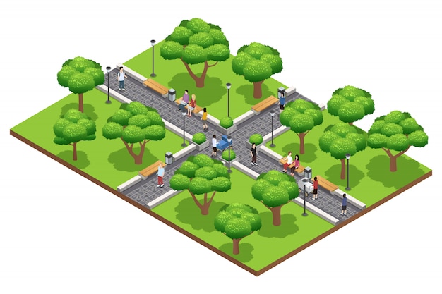 Free vector isometric landscaping composition with people walking in green park in summer on white background ve