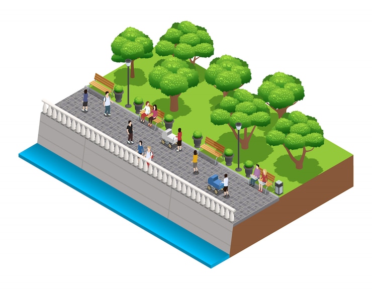Free Vector isometric landscaping composition with people walking on stone embarkment in summer vector illustrat