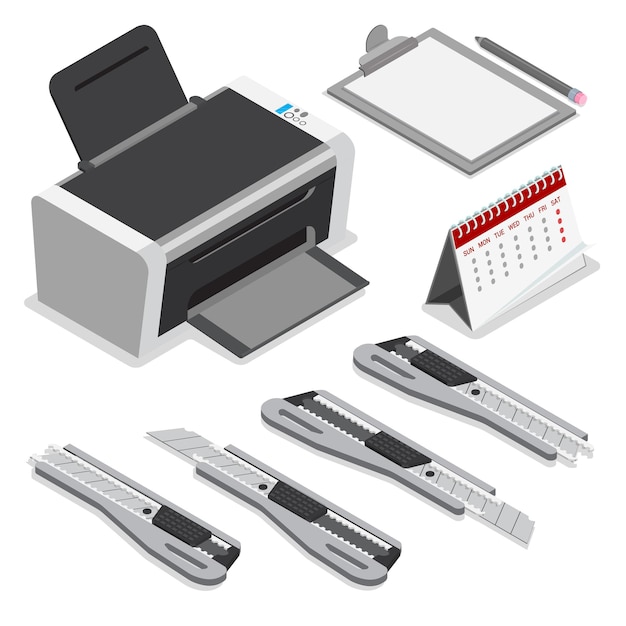 Free vector isometric laser ink printer clipboard calendar office paper knife pencil set.