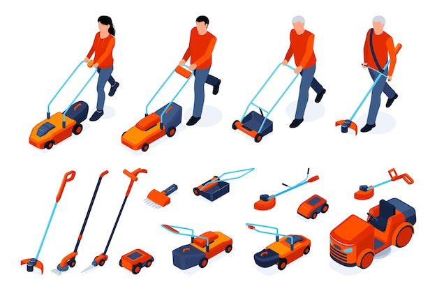 Free vector isometric lawn mover icons set with people working with electric trimmers and lawnmowers isolated vector illustration