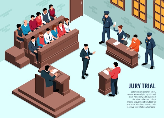 人とセッション中の裁判所の屋内ビューと編集可能なテキストと等尺性の弁護士の水平方向の背景