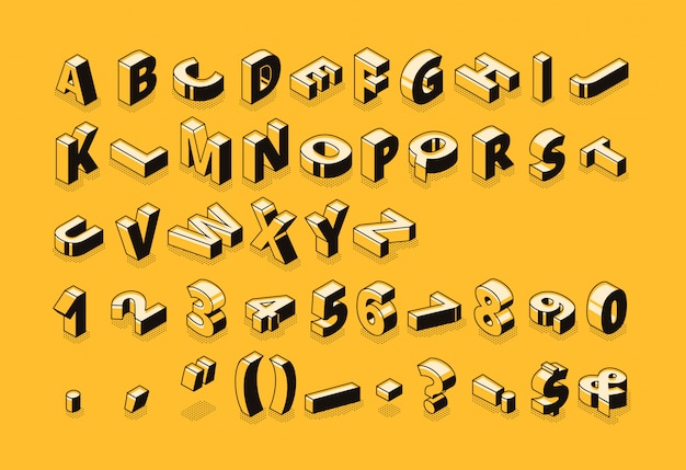 Isometric letters halftone font illustration of thin line cartoon