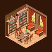 Free vector isometric library interior with luxury furniture and bookshelves vector illustration