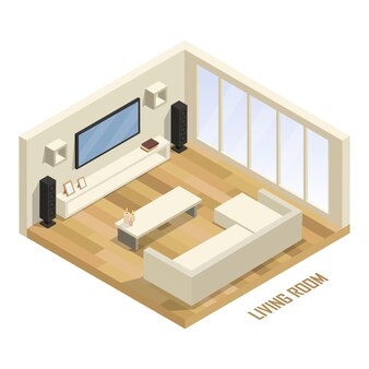 Isometric living room 3d interior concept with furniture set a modern loft interior