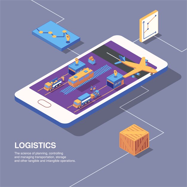 Isometric logistics delivery composition with phone image graphs icons of transport and parcel boxes with text vector illustration