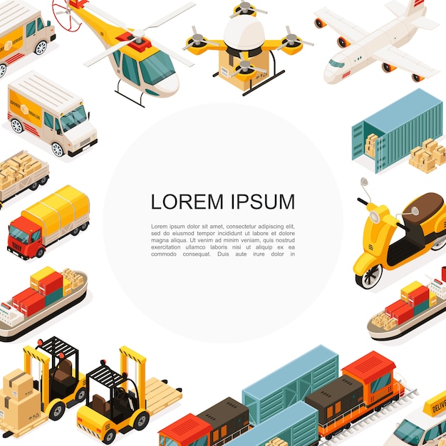 Free vector isometric logistics and transportation template with helicopter drone airplane ship scooter trucks car forklift containers boxes