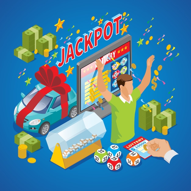 Vettore gratuito composizione isometrica della lotteria con il vincitore soldi monete auto iscrizione jackpot lotteria istantanea tamburo tv loto palle isolate