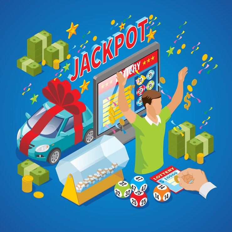Isometric lottery composition with winner money coins car jackpot inscription instant raffle drum tv loto balls isolated