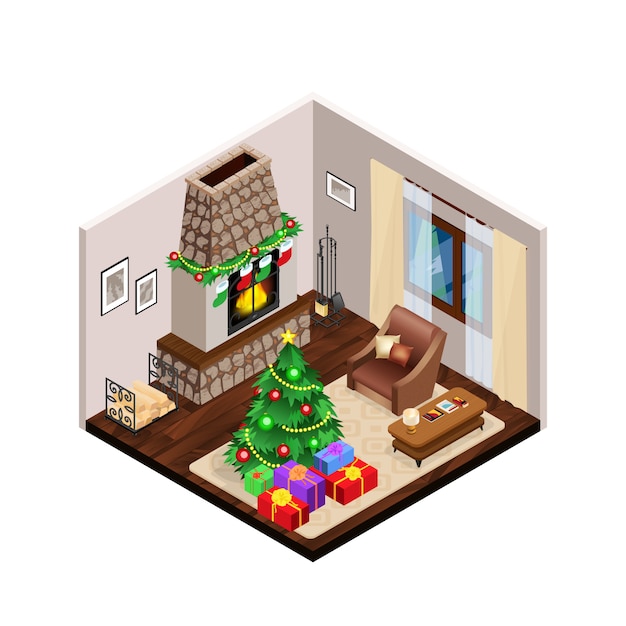 Isometric Lounge Christmas Interior With Fireplace 