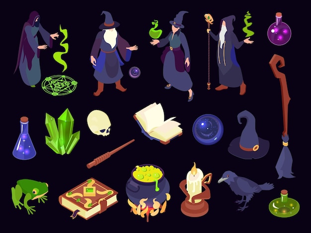 Isometric magic color set with witch wizard spell book potion toad cauldron crystal ball and other magical objects isolated on black background 3d vector illustration