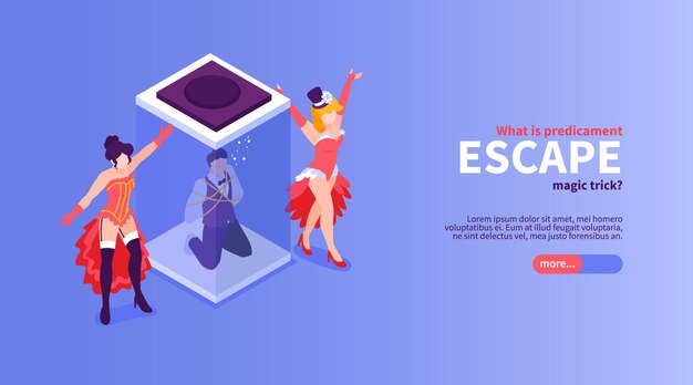 Isometric magician show horizontal banner with text slider button and doodle characters of dancers and illusionist