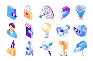 Изометрические маркетинговые иконки. символы социальных сетей, цифровой рекламы, коммуникации и бизнес-стратегии. векторный знак набор цели, поиска, роста, трофея, продажи, лампочки, мегафона и магнита