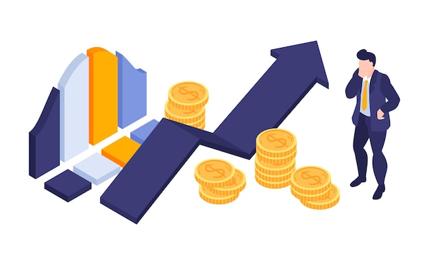 Free vector isometric marketing strategy business composition of isolated infographic icons coins and male character on blank background vector illustration