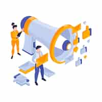 Free vector isometric marketing strategy business composition of isolated megaphone with human characters and like pictograms vector illustration