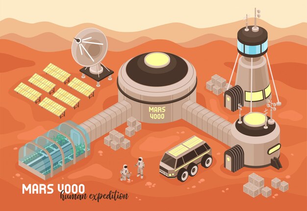 Isometric mars colonization landscape composition with text and martian terrain with extraterrestrial base buildings and people 