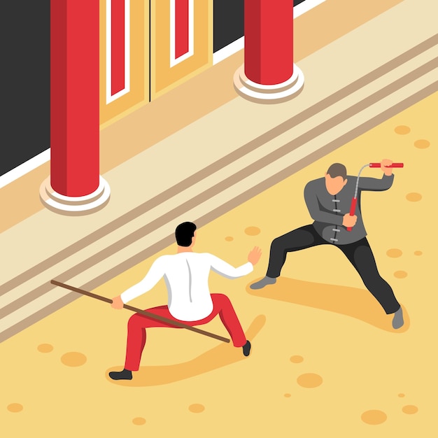 Free vector isometric martial arts kung fu composition with outdoor view of oriental battle with stick and nunchucks vector illustration